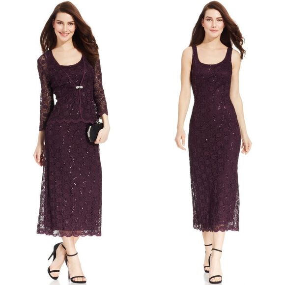 New! R&M RICHARDS Women's 2-Piece Sequined Lace Dress & Jacket Set Size 10 Plum - Picture 1 of 7
